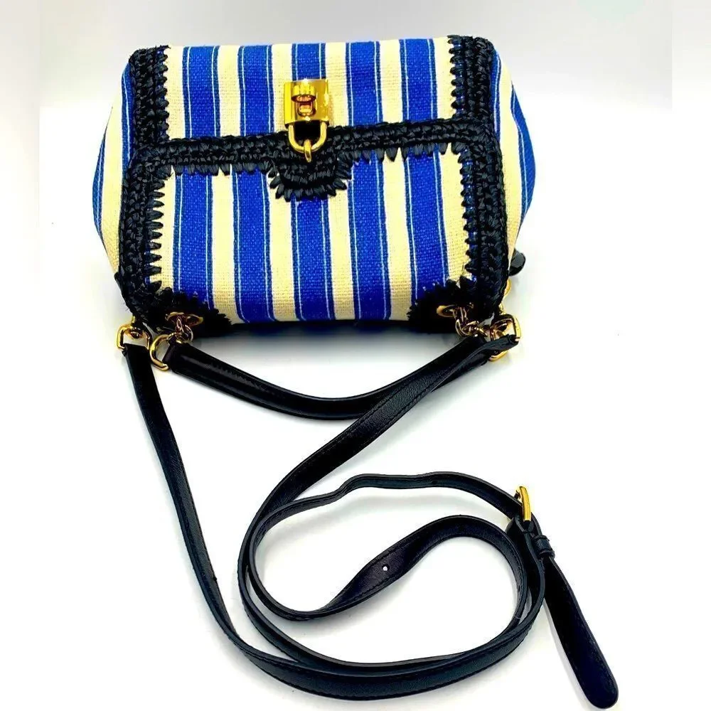 Auth Dolce & Gabbana Blue White Striped Canvas Raffia Handbag Lock Key Preloved